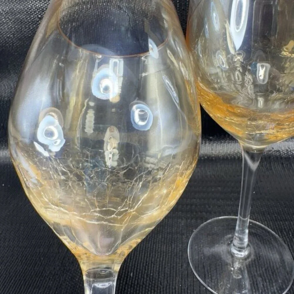 Pier 1 Crackle Glass Goblet Glasses Cups Stemware Gold Yellows Luster Finish VTG